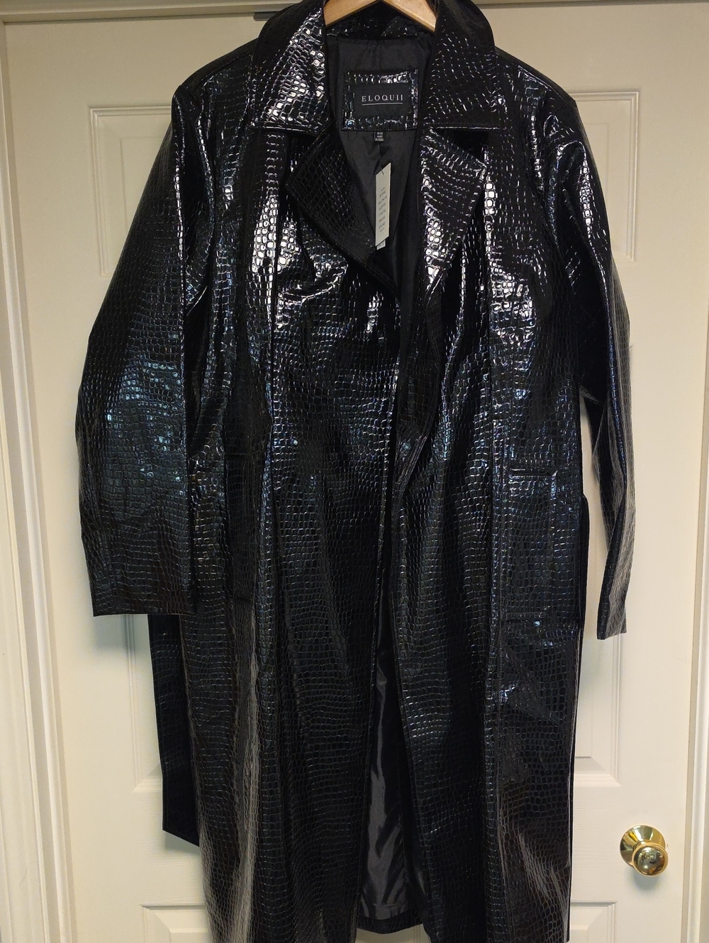 Eloquii Shiny Black Croc-Embossed Long Trench Coat